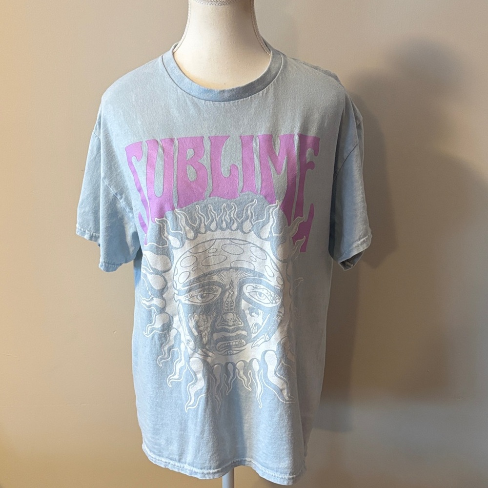 Sublime 100% Cotton Band Tee in Light Blue with Pink Logo. Size Large